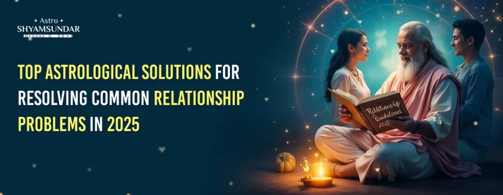 Elder reads from a “Relationship Guidelines 2025” book to a couple, with zodiac signs glowing behind them.