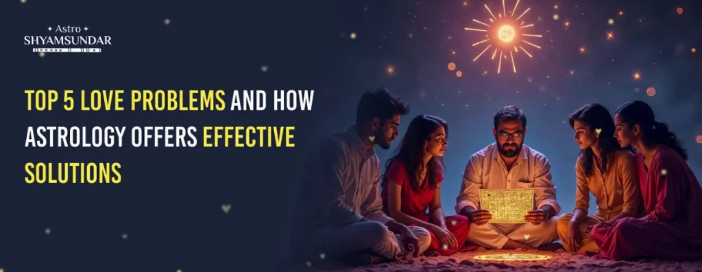 Group seated under stars listens as astrologer reads chart to address common love issues with guided solutions.