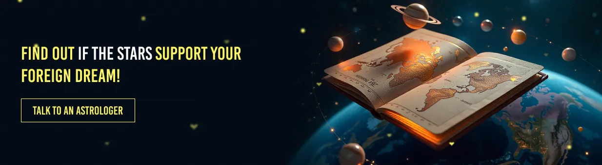 Couple sitting on glowing zodiac chart under a starry sky, facing each other closely.