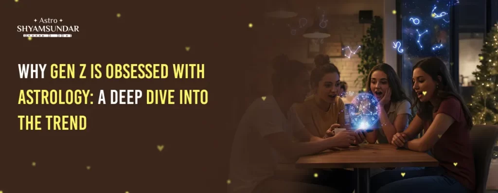 Astro Shyamsundar banner showing Gen Z girls amazed by a glowing zodiac chart, exploring astrology.