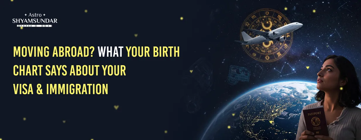 Astro Shyamsundar banner showing woman with passport looking at plane and zodiac over Earth, on visa astrology.