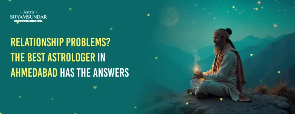 Sage meditates on mountain under moonlight in Astro Shyamsundar banner about love advice in Ahmedabad.