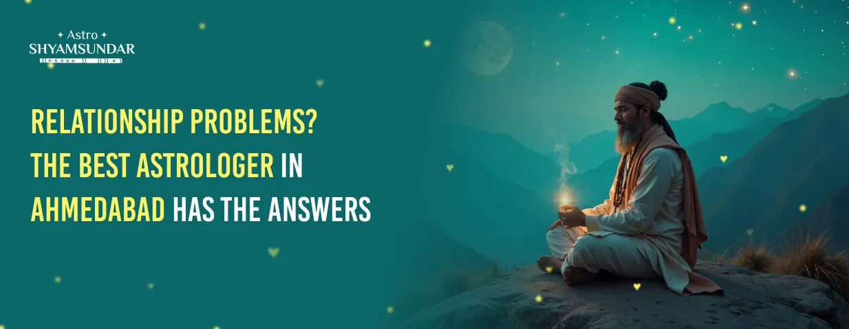 Sage meditates on mountain under moonlight in Astro Shyamsundar banner about love advice in Ahmedabad.