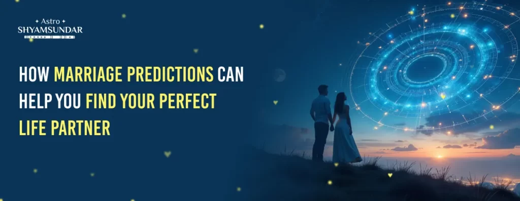 Couple stands under starry sky with glowing chart in Astro Shyamsundar banner on marriage predictions.