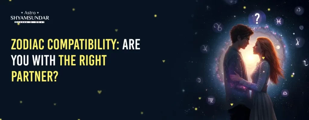 Astro Shyamsundar banner with couple facing each other, surrounded by zodiac signs and a glowing question mark.