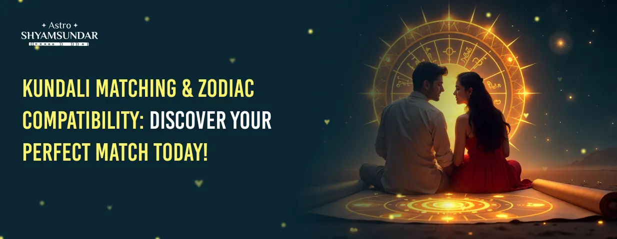 Couple sits facing each other on a glowing zodiac mat in Astro Shyamsundar banner on kundali matching.