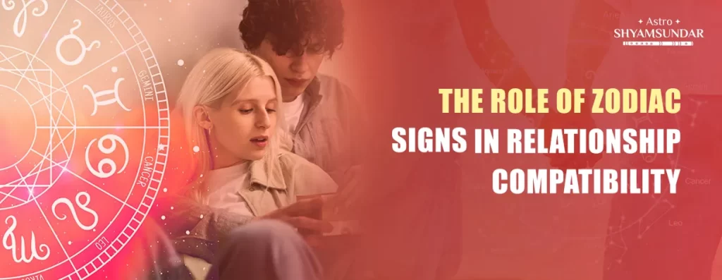 Couple reads together beside glowing zodiac wheel in banner about signs and relationship compatibility.