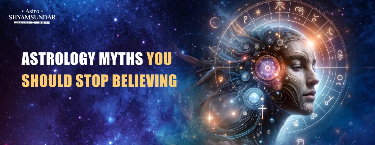 Futuristic female face blended with zodiac symbols in space-themed banner debunking astrology myths.