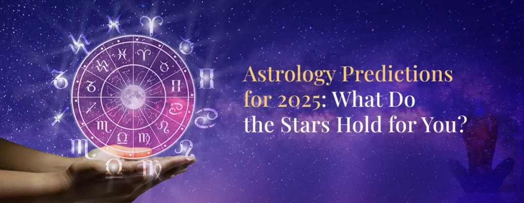 Hands holding glowing zodiac wheel in space-themed banner about astrology predictions for 2025.
