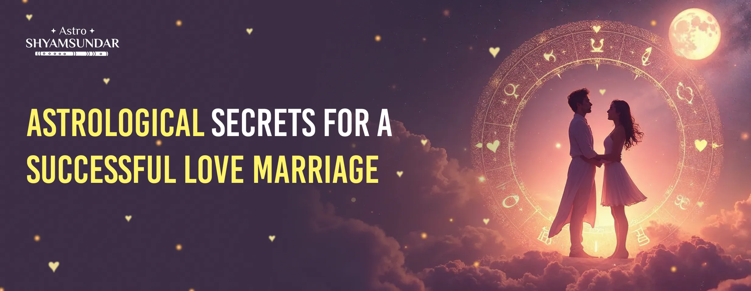 Couple stands close under glowing zodiac circle in dreamy sky, symbolizing astrological love guidance.