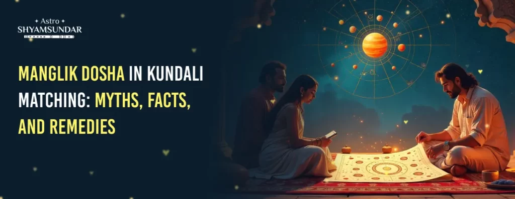 Couple sits with astrologer studying kundali under cosmic chart, discussing Manglik dosha myths and remedies.