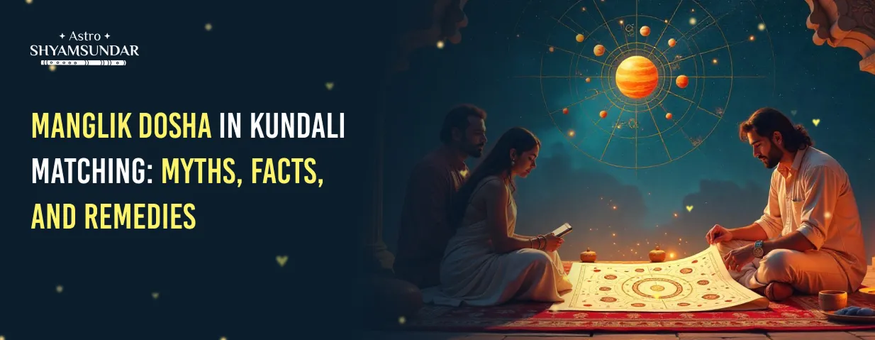 Couple sits with astrologer studying kundali under cosmic chart, discussing Manglik dosha myths and remedies.