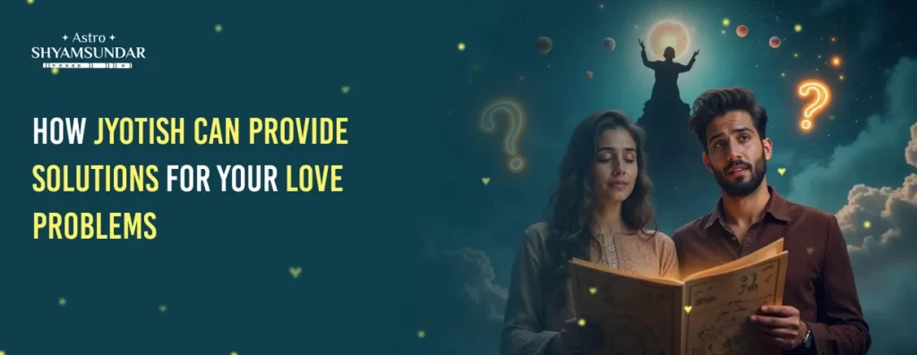 Worried couple reads astrological chart under cosmic sky with question marks, seeking Jyotish love solutions.