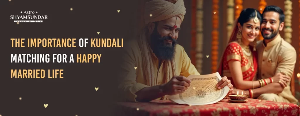 Smiling couple in traditional attire watches astrologer review kundali chart, stressing its role in happy marriage.