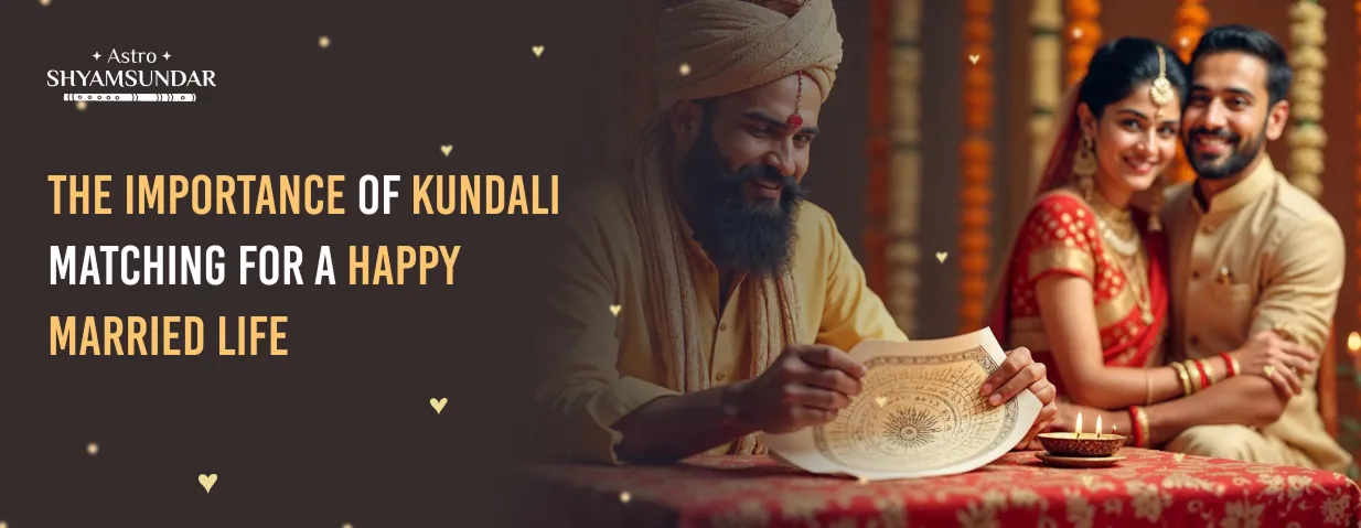 Smiling couple in traditional attire watches astrologer review kundali chart, stressing its role in happy marriage.