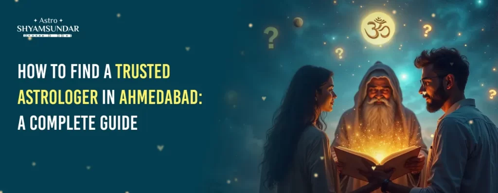 Couple consults a wise astrologer under a mystical sky, seeking guidance on finding a trusted astrologer in Ahmedabad.