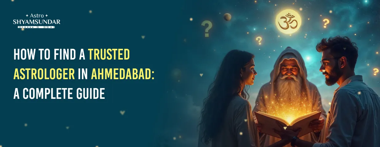 Couple consults a wise astrologer under a mystical sky, seeking guidance on finding a trusted astrologer in Ahmedabad.