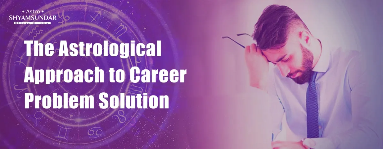 Stressed man at work desk with astrological zodiac chart overlay, highlighting astrology’s role in career problem solutions.