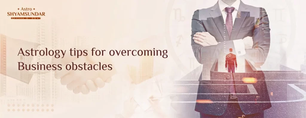 Businessman with folded arms and handshake overlay, promoting astrology tips for business success.