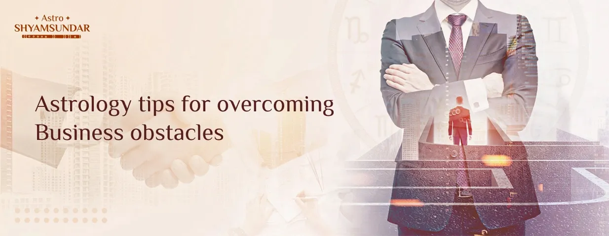 Businessman with folded arms and handshake overlay, promoting astrology tips for business success.