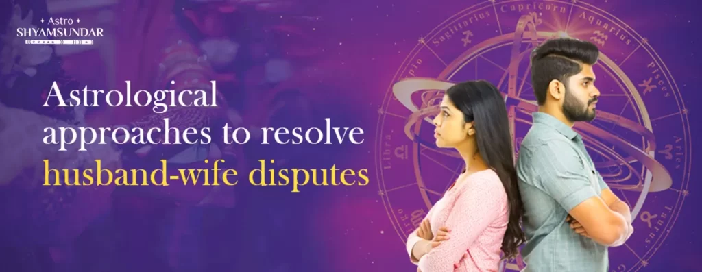 Couple standing back-to-back with zodiac wheel, highlighting astrology for marriage disputes.